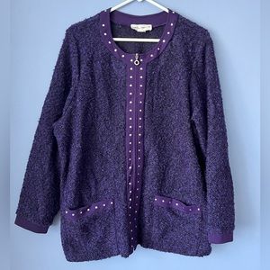 Cathy Daniels purple zip up textured studded cardigan sweater 1X